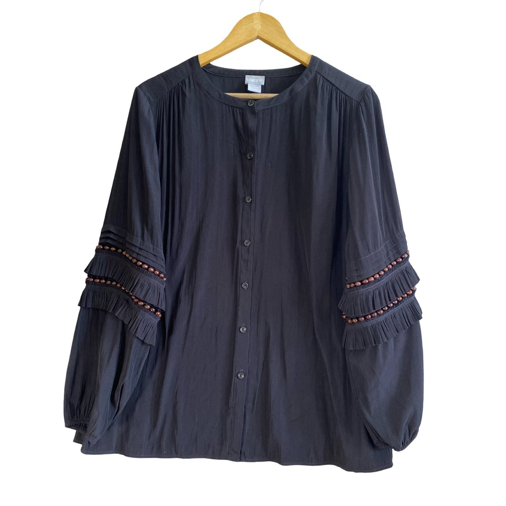 Chicos Black Beaded Ruffle Sleeve Button Front Blouse Top Size 2 L Boho Pleated